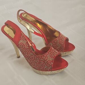 Red and Gold Slingback Heels with Peep-Toe Design